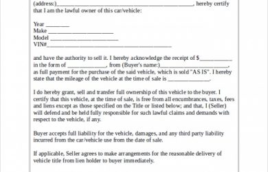 sample vehicle bill of sale bill of sale for car format