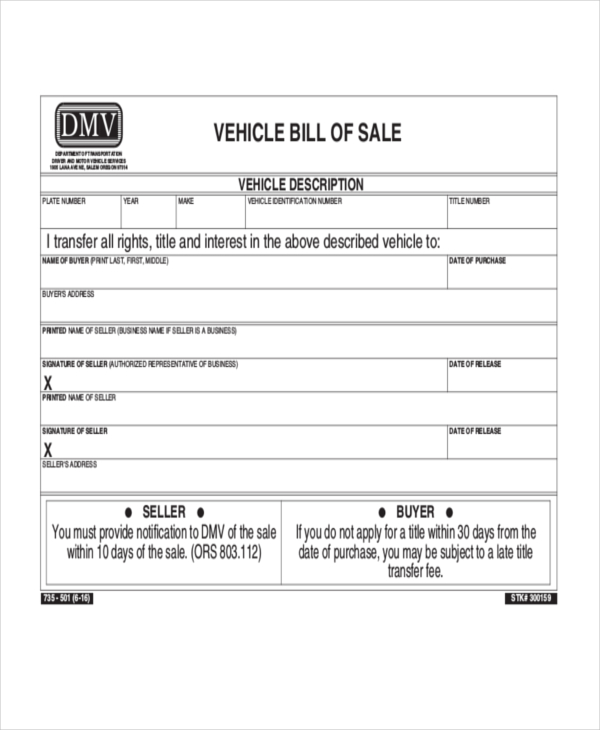 sample vehicle bill of sale