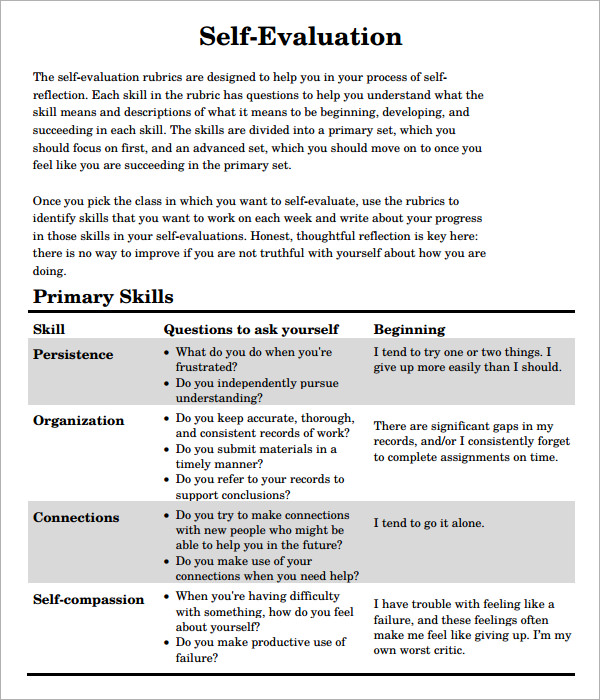 Self Evaluation Examples Template Business