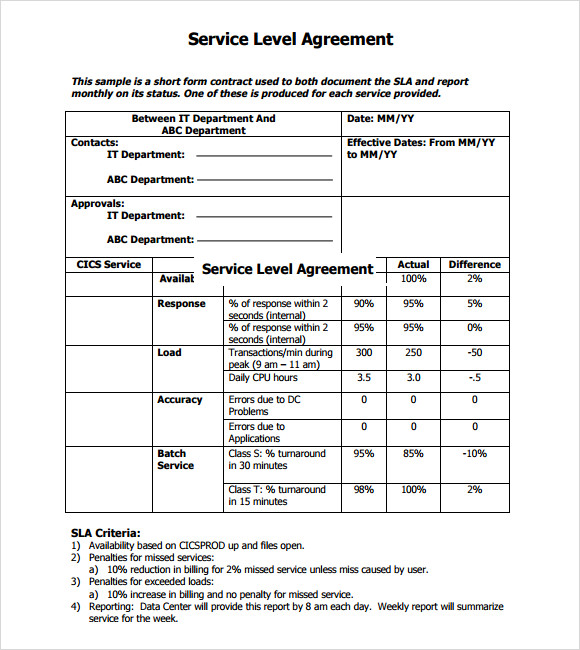 service level agreement template