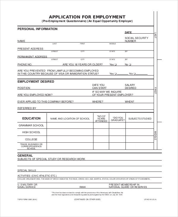 standard job application forms