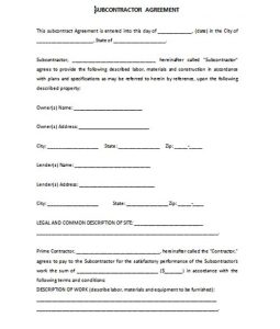 subcontract agreement format subcontractor agreement template