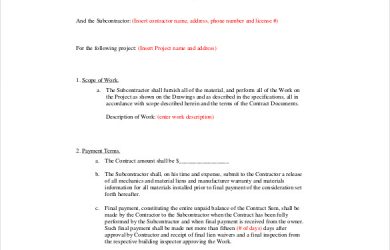 subcontractor agreement template residential subcontractor agreement