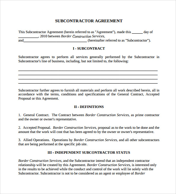 subcontractor contract template