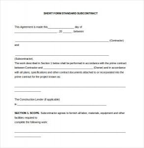 subcontractor contract template subcontractor agreement template