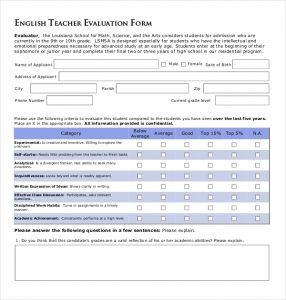 teacher evaluation form english teacher evaluation form
