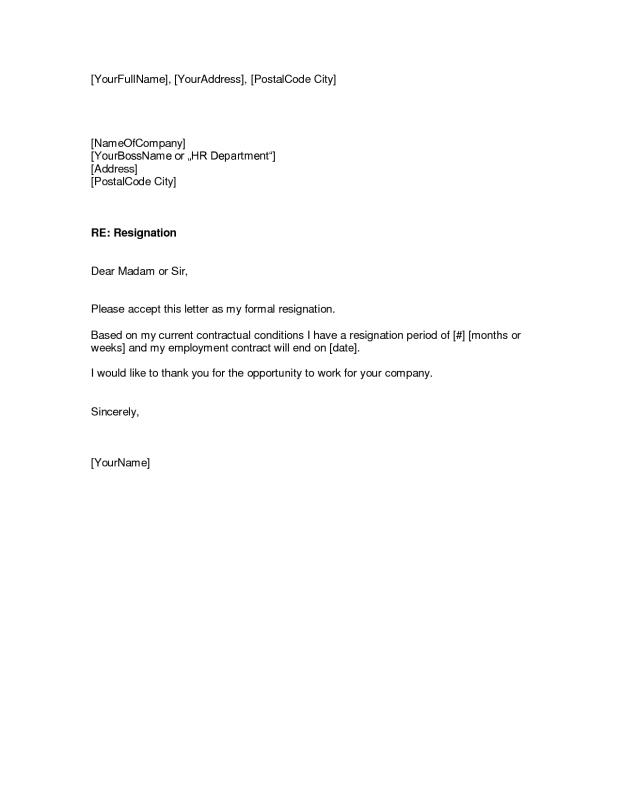 template resignation letter