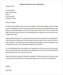 termination letter sample employee termination letter for attendance free download