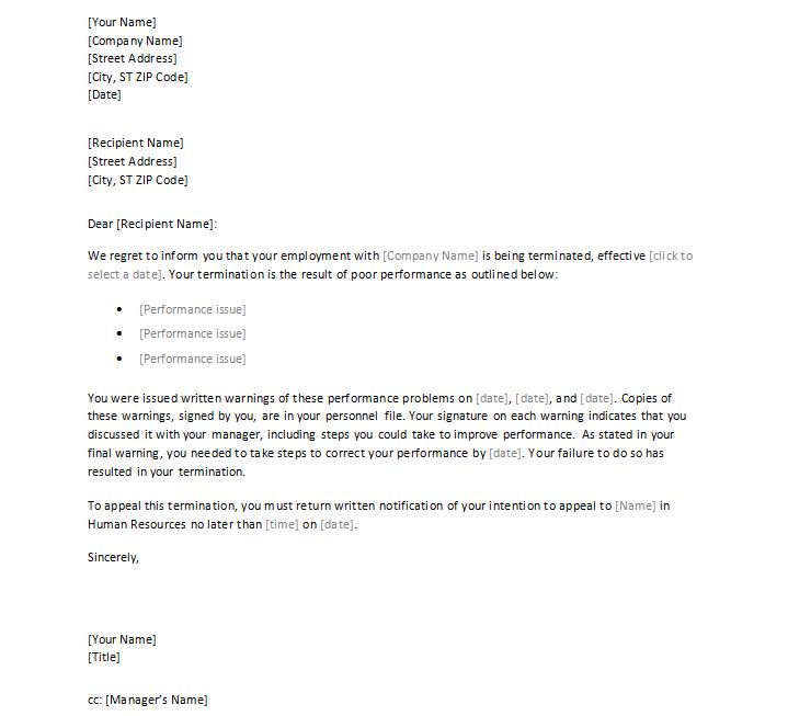 termination letter to employee