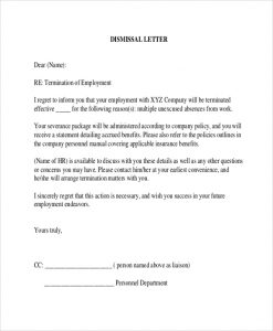termination of employment letter employee termination letter due to absence