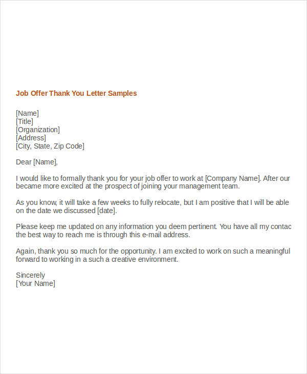 thank you letter for job offer