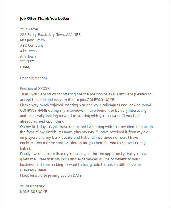 thank you letter for job offer