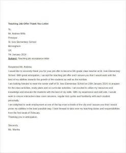 thank you letter for job offer teaching job offer thank you letter template