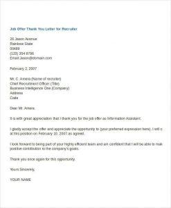 thank you letter for job offer thank you letter to recruiter after job offer