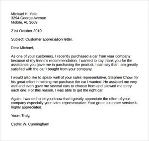 thank you letter to client for giving business customer appreciation letter