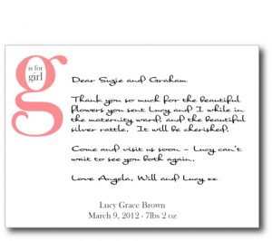 thank you note for gift g is for girl flat card