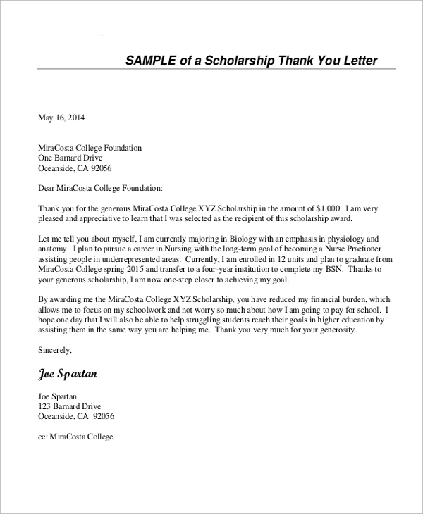 thank you scholarship letter