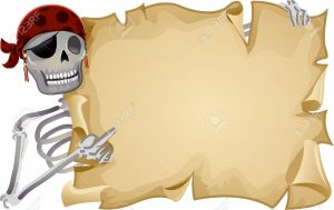 treasure report template frame illustration featuring a pirate holding a blank scroll stock illustration