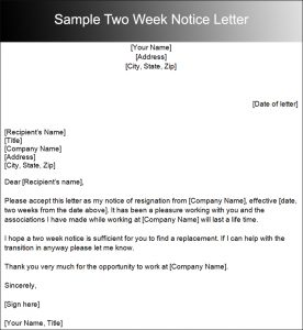 two weeks notice letter sample sample two week notice letter
