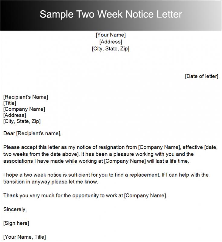 two weeks notice letter sample