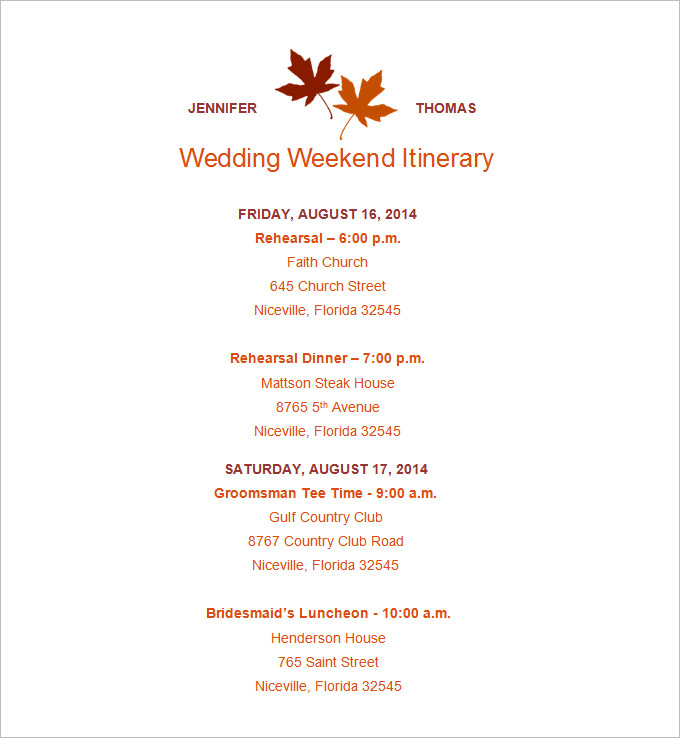 wedding itinerary template