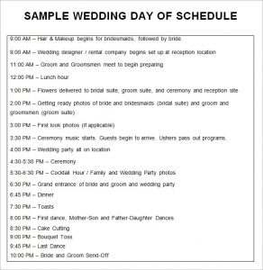 wedding schedule template sample wedding day of schedule template free