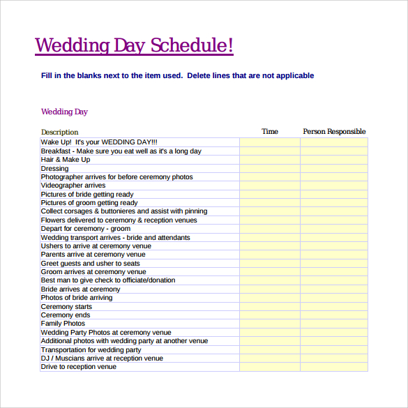 wedding schedule templates