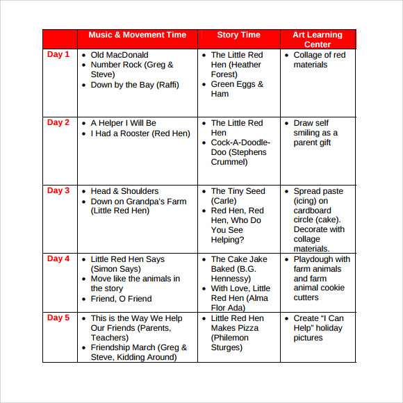 weekly lesson plan for preschool