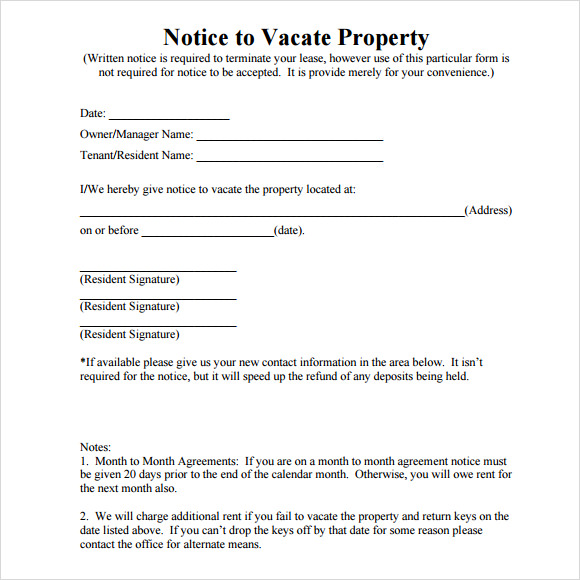 written notice to vacate